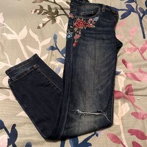 Rose embroidered distressed ankle jeans